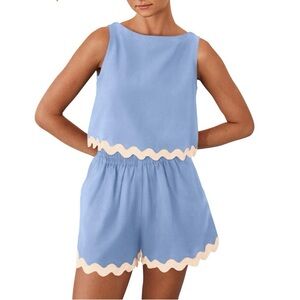 Blue and Cream Women's Shorts